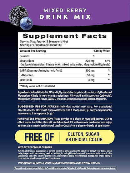 Natural Vitality Calm Sleep Melatonin and Magnesium 16oz Powder | With L-Theanine and GABA | Mixed Berry Flavred Drink Mix | Non-GMO & Vegan Supplement
