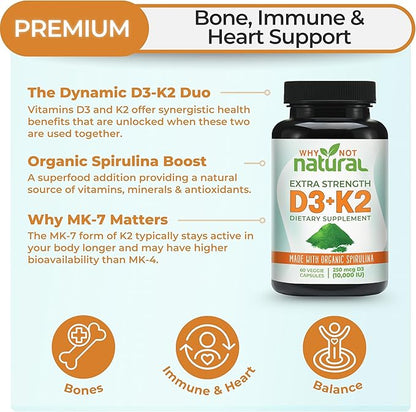 Why Not Natural Vitamin D3 K2 (MK-7) with Organic Spirulina, 10000 IU Extra Strength Supplement in Veggie Capsules, Supports Bone Health, Immune System and Mood