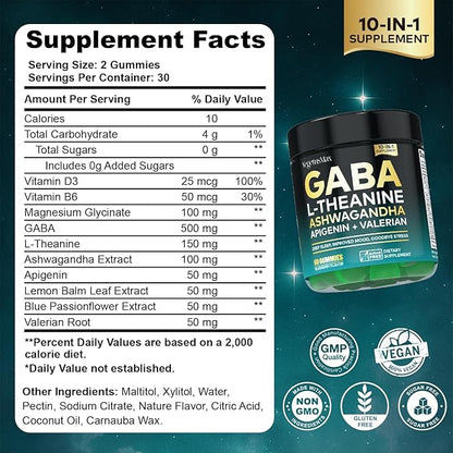 GABA L-Theanine Gummies, Sugar-Free Calm Gummies with L-Theanine, Ashwagandha,Valerian Root,Magnesium | Support Sleep,Stress Relief & Relaxation | GABA Supplement for Adult- Blueberry Flavor