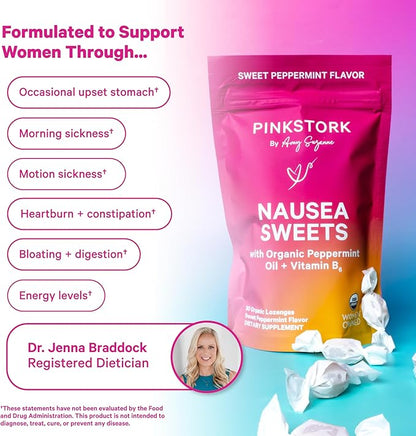 Pink Stork Organic Peppermint Sweets for Morning Sickness and Motion Sickness Support, Added Vitamin B6, 1st Trimester Pregnancy Must Haves - 30 Wrapped Peppermint Candies
