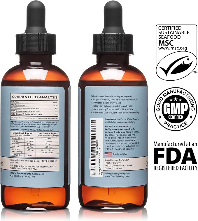 Omega 3 Fish Oil for Cats from Wild Caught Fish - Promotes Healthy Skin, Shiny Coat, & Strong Joints - Minimizes Cat Dandruff - 4 oz Approx. 157 Servings - Human-Grade Clean Ingredients