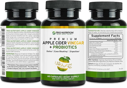TRIO NUTRITION Apple Cider Vinegar Capsules with Multi-Strain Probiotics - Natural Sugar Free ACV Capsules with The Mother for Gut Health, Immunity, Body Cleanse & Healthy pH - Metabolism Booster*