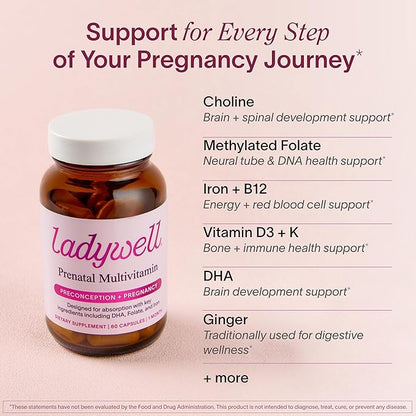 Ladywell Prenatal Multivitamin | Conception, Pregnancy & Postpartum | Key Ingredients Including DHA, Folate & Iron | Expertly-Formulated & Tested | Designed for Absorption with Nausea Support, 2-Pack