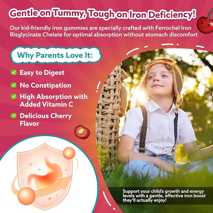 Iron Gummies for Kids & Teens, Kids Multivitamin with Iron Supplement, Calcium, Folate, Zinc, Prebiotic - for Blood Builder & Energy Support, Iron Deficiency - Vegan & Non-GMO - 60 Count Cherry