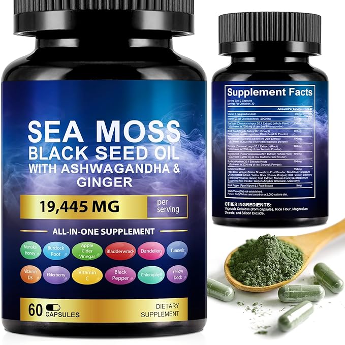 Sea Moss Black Seed Oil Ashwagandha Ginger Turmeric Capsules, Sea Moss Gummies Supplement with Burdock Root Bladderwrack Vitamin C Vitamin D3 Yellow Dock Iodine Chlorophyll ACV - 60 Count