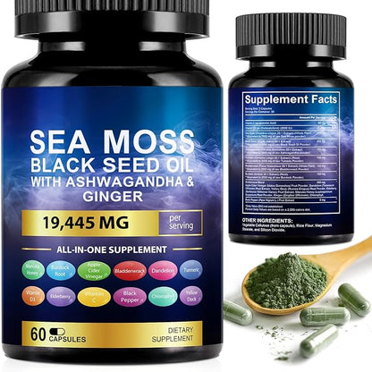 Sea Moss Black Seed Oil Ashwagandha Ginger Turmeric Capsules, Sea Moss Gummies Supplement with Burdock Root Bladderwrack Vitamin C Vitamin D3 Yellow Dock Iodine Chlorophyll ACV - 60 Count