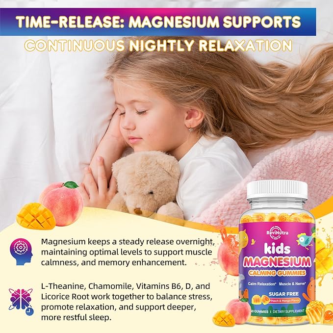 Center-Filled Kids Magnesium Gummies - Magnesium Glycinate Gummies for Kids Adults with L-Theanine, Chamomile, Licorice, Vitamin D, B6 for Sleep, Relaxation, Brain & Muscle - Sugar Free Peach & Mango