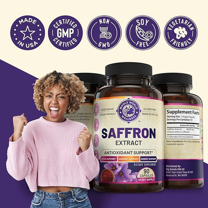 100% Pure Saffron Extract - Supports Weight and Appetite Health, Mood, Focus, Memory, Digestion, Eye, Skin and Brain Health. NSF Certified Saffron Supplements for Women and Men.