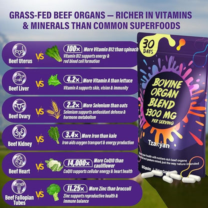 1300MG Beef Organ Supplement for Women, 100% Grass Fed Beef Liver, Uterus, Ovary & 3 More, Bovine Organ Capsules for Supports Women's Overall, Endocrine Balance, Energy, Immunity, 30 Days
