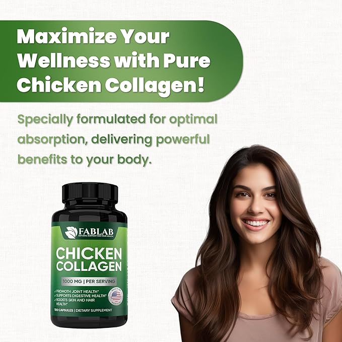 FabLab Chicken Sternum Cartilage Type II Collagen Capsules - Nutritional Supplement for Joints-1000mg per Serving - Non-GMO, Anti-Aging Dietary Product with Hydrolyzed Peptides- 100 Capsules