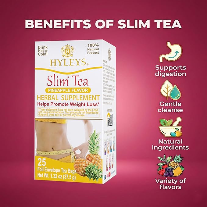 Hyleys Slim Tea Pineapple Flavor - Weight Loss Herbal Supplement Cleanse and Detox - 25 Tea Bags (12 Pack)