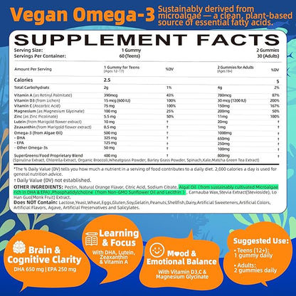 Vegan Omega-3 Gummies - 1000mg Algae Oil with 650mg DHA & 250mg EPA for Teens & Adults - Plus Vitamin D3, A,C, Lutein, Zeaxanthin, Magnesium for Eye & Immune Health, Brain - Sugar Free, Non-GMO, 60Cts