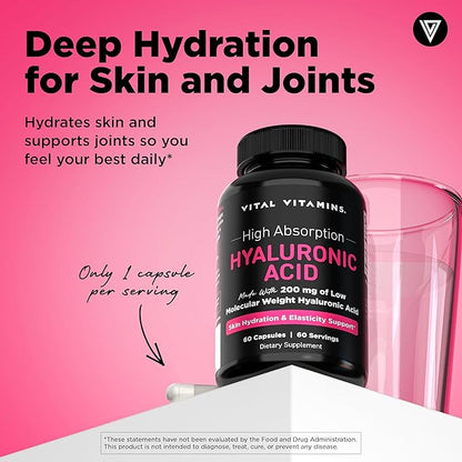 Vital Vitamins Hyaluronic Acid Supplements - Made with 200mg of Low Molecular Weight Hyaluronic Acid - Supports Skin Hydration & Elasticity from Within - 60 Capsules, 60 Servings
