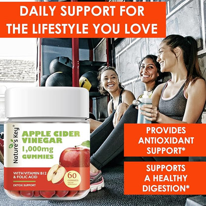 Nature's Key Apple Cider Vinegar Gummies -1000mg 60 Count, for Weight Loss, Digestion, Natural Detox & Cleanse | Vegan, Non-GMO, Gluten Free| with Folic Acid Vitamin B6 B12 Beetroot Pomegranate