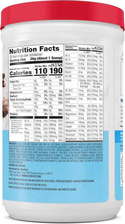 SlimFast Meal Replacement Powder, Original Rich Chocolate Royale, 10g of Protein, 22 Servings (Packaging May Vary)