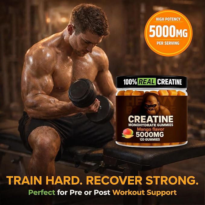 Creatine Monohydrate Gummies 5g Sugar Free Creatine with Vitamin B12 and L-Taurine | Muscle Growth for Men and Women | Low Calorie Formula 120 Gummies for 30 Servings, Mango