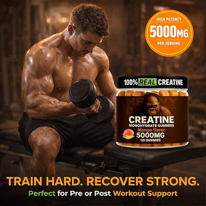 Creatine Monohydrate Gummies 5g Sugar Free Creatine with Vitamin B12 and L-Taurine | Muscle Growth for Men and Women | Low Calorie Formula 120 Gummies for 30 Servings, Mango