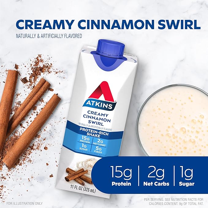 Atkins Creamy Cinnamon Swirl High Protein Shake, 15g Protein, Keto Protein Shake, 2g Net Carb, 1g Sugar, Low Sugar and Low Carb, Breakfast Protein Shakes, 12 Count