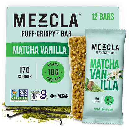 Mezcla Puff-Crispy Plant Based Protein Bars - Matcha Vanilla - Healthy Snacks for Adults & Matcha Latte Fans - Best School, Travel, Office Snacks - Gluten Free, Vegan, Non GMO, 10g Protein - 12 Count