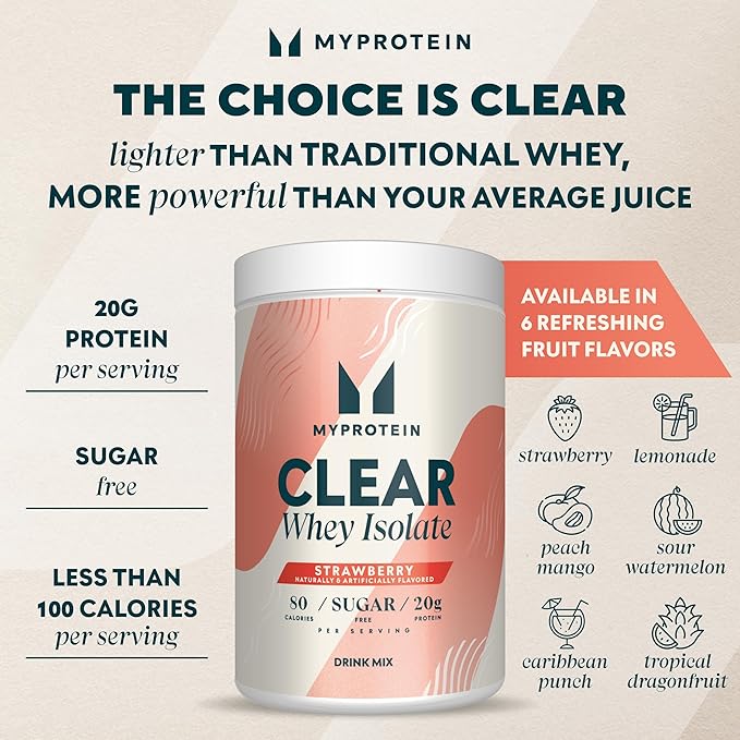 Myprotein Clear Whey Isolate Protein Powder, 20 Servings (1.1lbs) Strawberry, 20g Protein per Serving, Naturally Flavored Drink Mix, Daily Protein Intake for Superior Performance