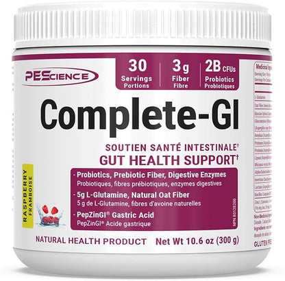 PEScience Complete-GI Gut Health Powder, Probiotics for Women and Men, Digestive Enzymes, Prebiotic Fiber, L Glutamine, Pepzin GI Zinc Carnosine - Raspberry Flavor, 30 Servings