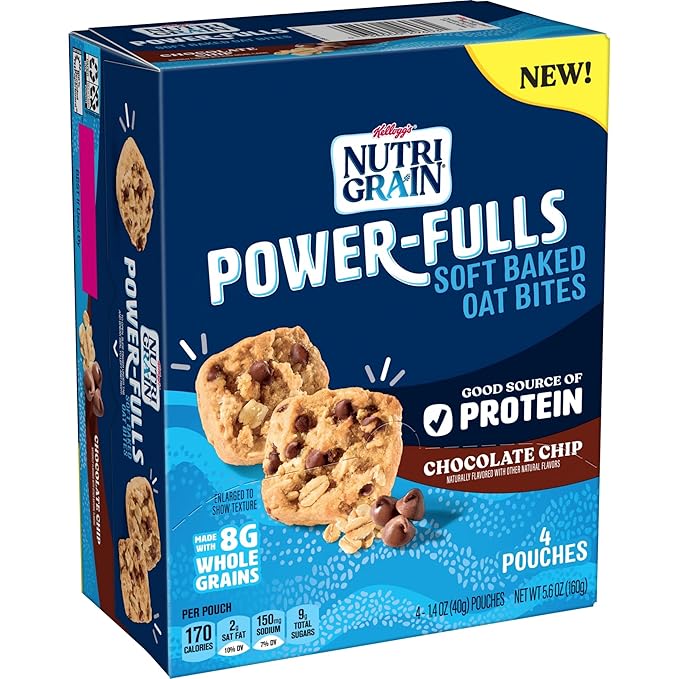 Nutri-Grain Power-Fulls Soft Baked Oat Bites, Protein Snacks, Whole Grain, Chocolate Chip (5 Boxes, 20 Pouches)