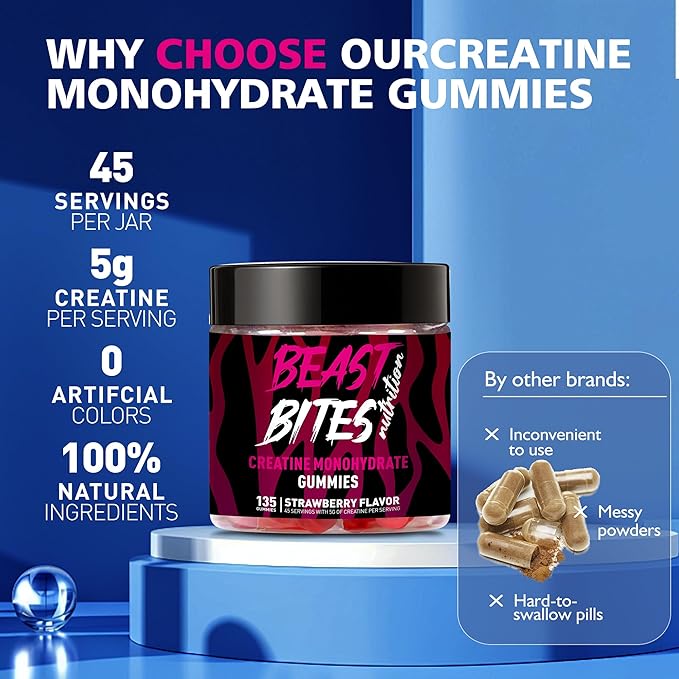 Creatine Monohydrate Gummies for Men & Women - 5g of Creatine Monohydrate per Serving - Sugar Free,Vegan, Strawberry Flavor, 135 Count (45 Servings).