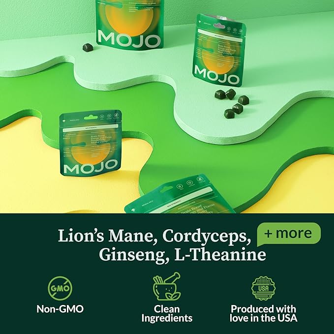 Mojo Extra Strength Focus Gummies with Lion’s Mane, Cordyceps, Ginseng & L-Theanine - Mushroom Gummies Brain Supplement for Adults, Memory/Energy Support, Focus Fuel, Yuzu Lime (2 Pack)