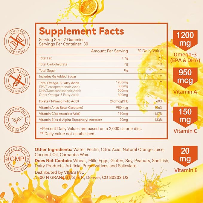2 Pack Omega-3 Gummies Vegan 1200mg, EPA and DHA Omega-3 Fatty Acids with Folate, Vitamin A, Vitamins C & E, High Potency Omega 3 Supplements for Immune Support, 120 Count