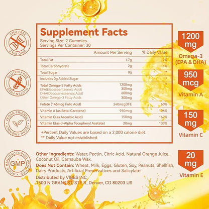 2 Pack Omega-3 Gummies Vegan 1200mg, EPA and DHA Omega-3 Fatty Acids with Folate, Vitamin A, Vitamins C & E, High Potency Omega 3 Supplements for Immune Support, 120 Count