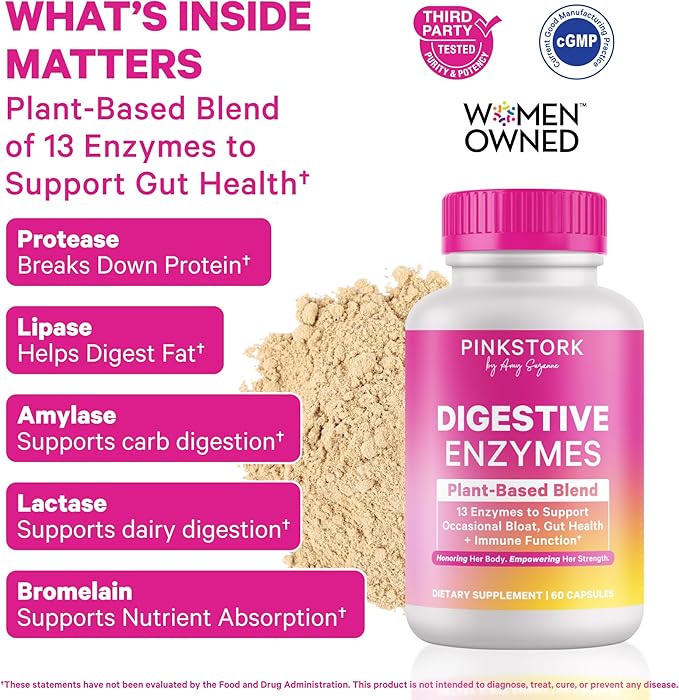Pink Stork Digestive Enzymes for Women | Supports Digestion, Gut Health, Bloating Relief, Metabolism + Nutrient Absorption | GLP-1 Support | Vegan | 13 Enzymes + Amla Supplement | 60 Capsules