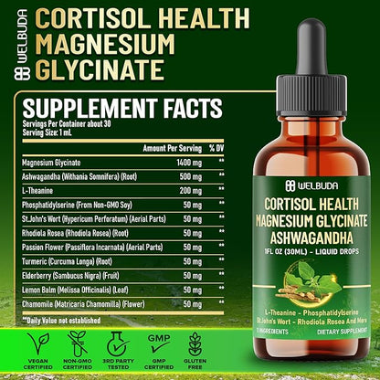 11in1 Cortisol Liquid Supplement with Ashwagandha, Magnesium Glycinate Chelate, L-Theanine, Phosphatidylserine, St.John's WortL-Theanine and More - Immune & Mood Balance - 1 FL Oz - 30 Day
