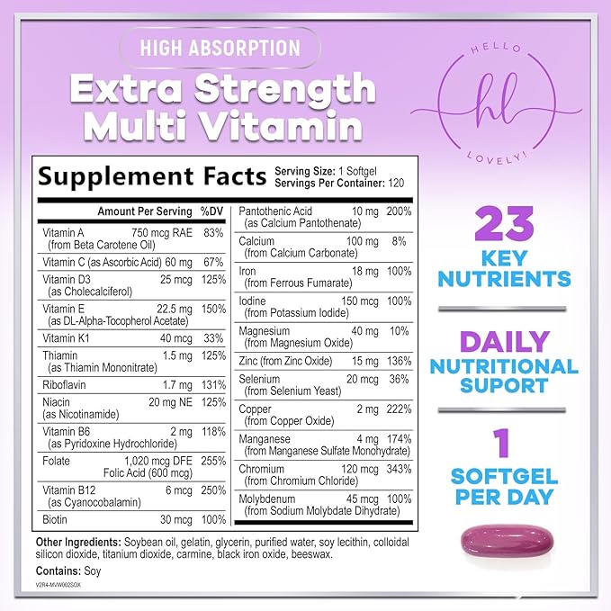 Multivitamin For Women - Complete Daily Woman's Multivitamins with Biotin, Calcium, Folic Acid, Iron, Zinc, Vitamin A, C, D, E & B Vitamins, Women's Hair Skin and Nails Supplements - 120 Softgels
