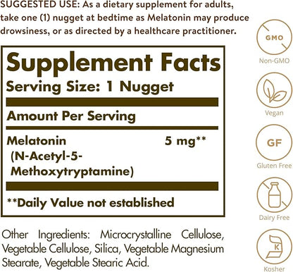 Solgar Melatonin 5 mg, 120 Nuggets - Helps Promote Relaxation & Rest - Clinically Studied Melatonin - Vegan, Gluten Free, Dairy Free, Kosher - 120 Servings