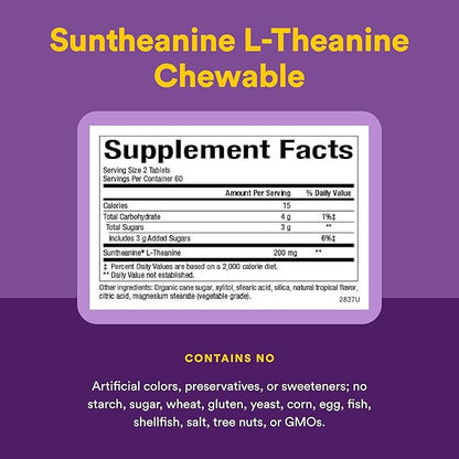 Natural Factors Suntheanine L-Theanine 100 mg - Health Supplement for Calm Outlook - L-Theanine Supplement Supports Relaxing Sleep & Aids Against Drowsiness - 60 Chewable Tablets (30 Servings)
