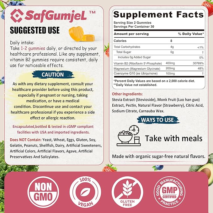 Vitamin B2 Gummies | Riboflavin 400mg for Adults and Kids | with Magnesium & CoQ10 for Energy & Migraine Relief | Sugar Free B2 Vitamin VIT B | Non GMO, Vegan, 120 Count