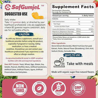 Vitamin B2 Gummies | Riboflavin 400mg for Adults and Kids | with Magnesium & CoQ10 for Energy & Migraine Relief | Sugar Free B2 Vitamin VIT B | Non GMO, Vegan, 120 Count