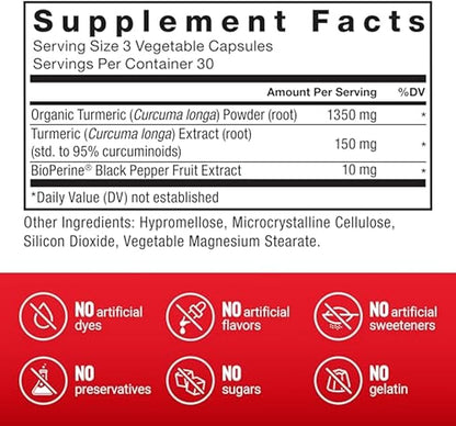 Force Factor Turmeric Curcumin Supplement with Black Pepper, Joint Support Supplement with BioPerine for Enhanced Absorption, No Gelatin, Non-GMO, 90 Capsules (Pack of 2)