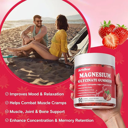 Magnesium Glycinate Gummies 1000mg with Calcium, Vitamin D3, B6 & CoQ10 - Strawberry, 90 Count - Calm Supplement for Sleep, Muscle Cramps & Stress Relief | Ashwagandha | Sugar-Free & Vegan