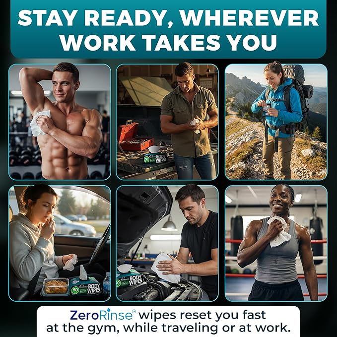 After Gym Body Wipes for Men (4pk) - 200 XL No Rinse Shower Wipes + 16 Travel Bath Sheets 10 x 11.5" - Mens Deodorant Disposable Washcloths for Bathing, Camping Essentials, Survival Gear and Supplies