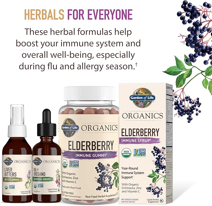 Garden of Life Organics Plant Based Elderberry Immune Syrup 6.59 floz (195 mL) for Kids & Adults - Sambucus, Echinacea, Zinc & Vitamin C, 0g Sugar, Organic Vegan Gluten Free Herbal Supplement