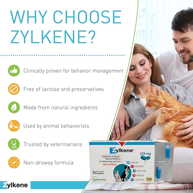 Vetoquinol Zylkene Calming Support Supplement for Medium Dogs 33-65lbs Promotes Relaxation, Reduces Stress, and Supports Occasional Anxiety Relief for Dogs, 225mg - 14 Capsules