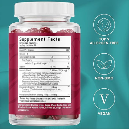 Probiotics for Women with Prebiotics + Cranberry | 5 Billion CFU | Berry-Flavor Gummies | Probiotics for Digestive Health, Vaginal Health & pH Balance | Supplements for Women | Vegan | 60 Ct