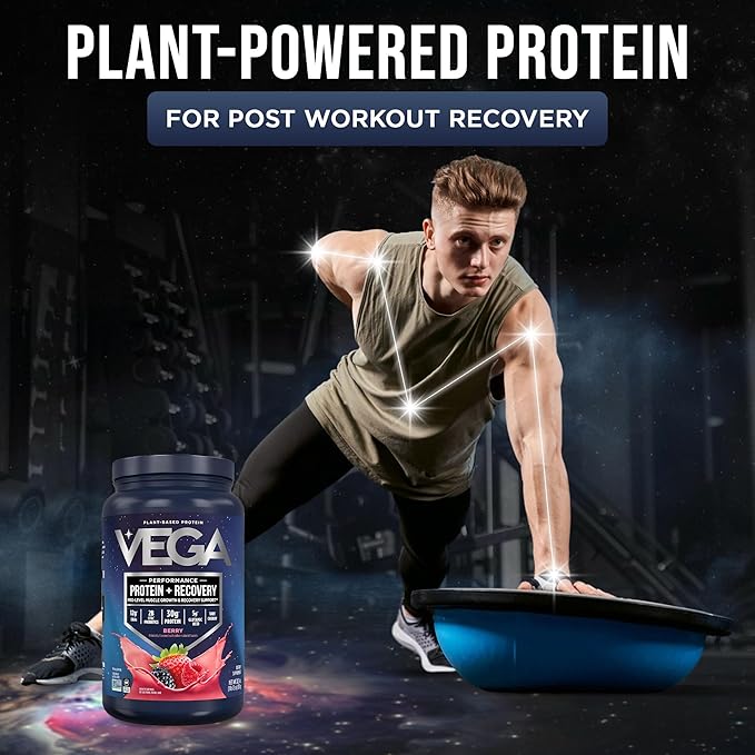 Vega Sport Vegan Protein Powder + Recovery - 30g Plant Based Protein per Serving, Berry, 19 Servings, 5g BCAAs, Probiotics, NSF Certified, for Shakes & Smoothies, 1.8lbs (Packaging May Vary)