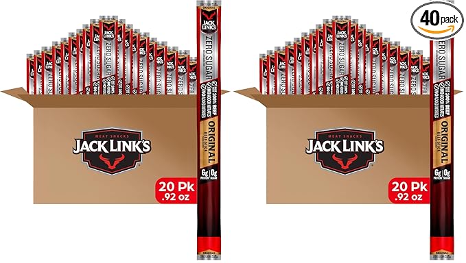 Jack Link's Original Zero Sugar Beef Sticks - 0.92 oz Meat Sticks - Ready to Eat Protein Snacks - 5g Protein per Serving - Made with 100% Real Beef,(Pack of 40)