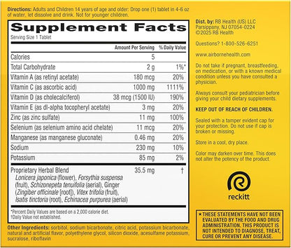 Airborne 1000mg Vitamin C with Vitamin D & Zinc, Sugar Free Multivitamin Immune Support Supplement, Antioxidants Vitamins A C & Vitamin E, 30 Effervescent Tablets, Zesty Orange Flavor
