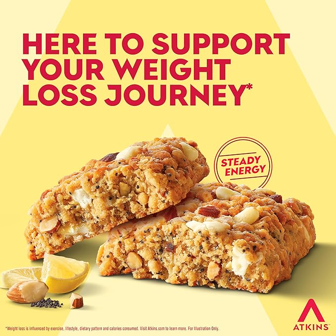 Atkins Soft Baked High Protein Bars, Lemon Poppy Seed Flavor, 15g Protein, 4g Net Carbs, 2g Sugar, Keto Snacks, Low Sugar Bars, High Fiber Snacks, 6 pack (4 bars each)