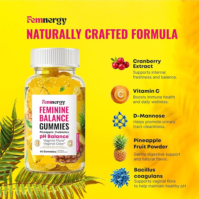 Feminine Balance Probiotic Gummies for Women - Vaginal Health & pH Balance Natural Gummy Supplement with Probiotics Pineapple Cranberry Vitamin C - Women's Healthy Odor & Flora Support - Gluten-Free