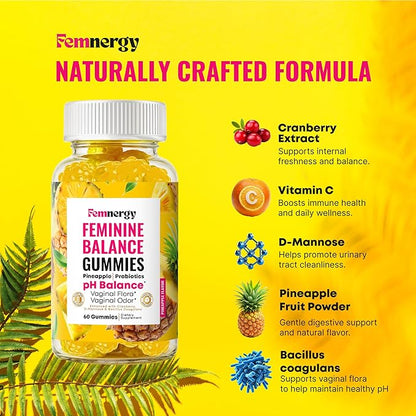 Feminine Balance Probiotic Gummies for Women - Vaginal Health & pH Balance Natural Gummy Supplement with Probiotics Pineapple Cranberry Vitamin C - Women's Healthy Odor & Flora Support - Gluten-Free
