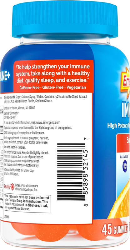 Emergen-C Immune+ Triple Action Immune Support Gummies, BetaVia (R), 1000mg Vitamin C, B Vitamins, Vitamin D and Antioxidants, Super Orange, Back to School Essentials - 45 Count